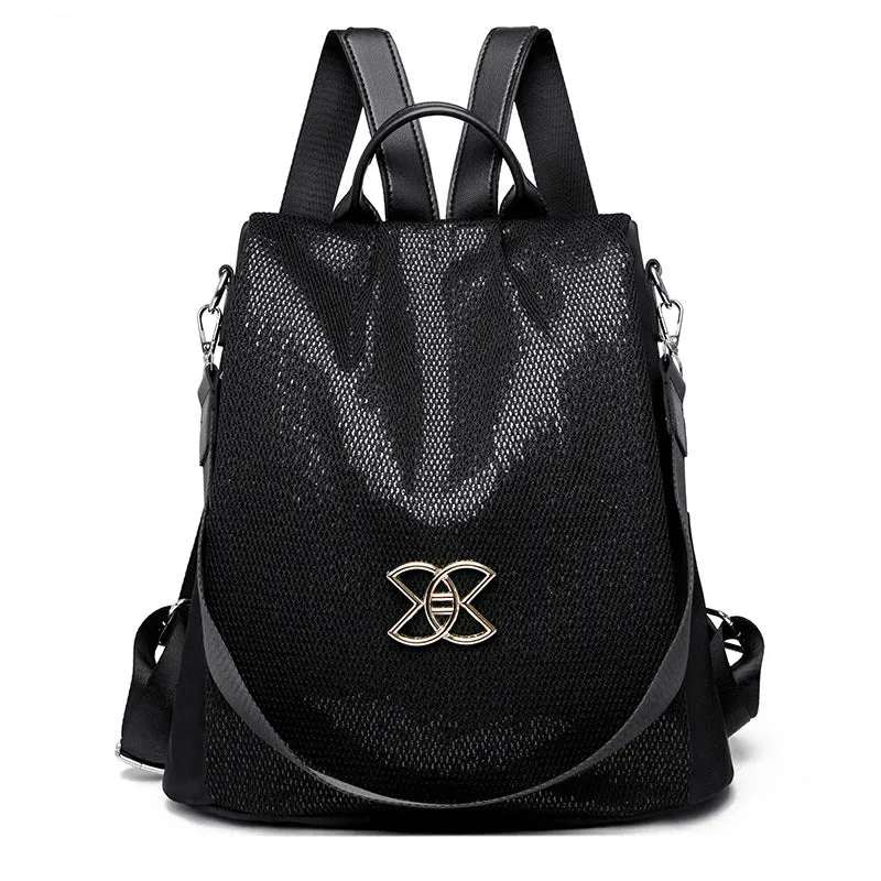 Women's Oxford cloth backpack large capacity anti-theft nylon travel bag in three colours: black, brown, sequined black