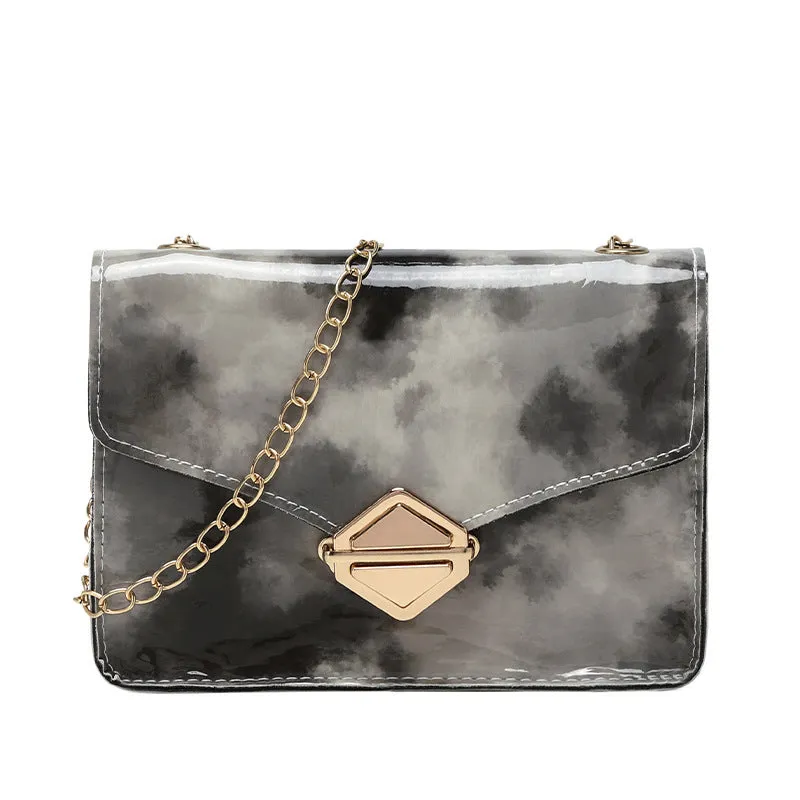 Rainbow Cloud Mist chain bag clamshell handbag PU leather crossbody in light gray with snake texture and chain detail