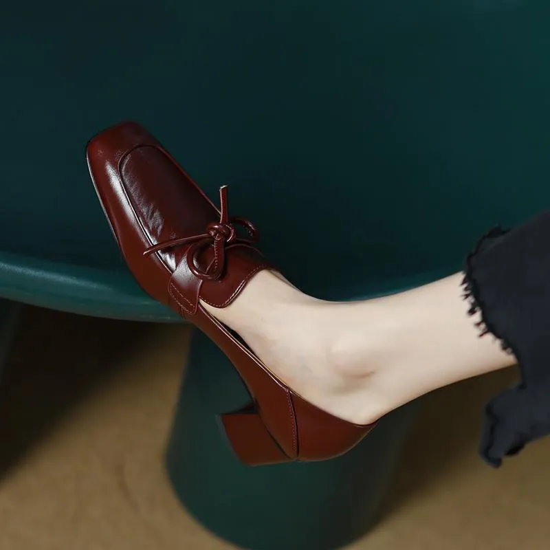 Retro square toe chunky heel leather shoes for women, black colour, PU upper, rubber sole, low heel on wooden floor
