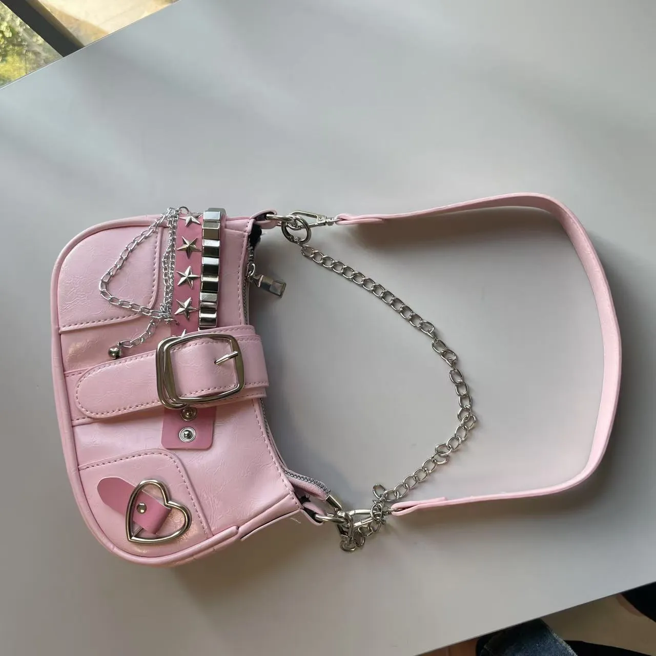Women's soft PU underarm bag in pink with chain detail and three-dimensional outer pocket