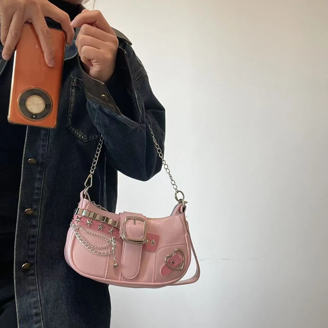 Women's soft PU underarm bag in pink with chain detail and three-dimensional outer pocket