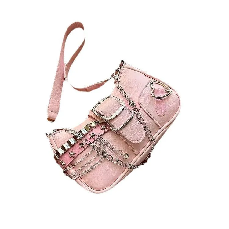 Women's soft PU underarm bag in pink with chain detail and three-dimensional outer pocket