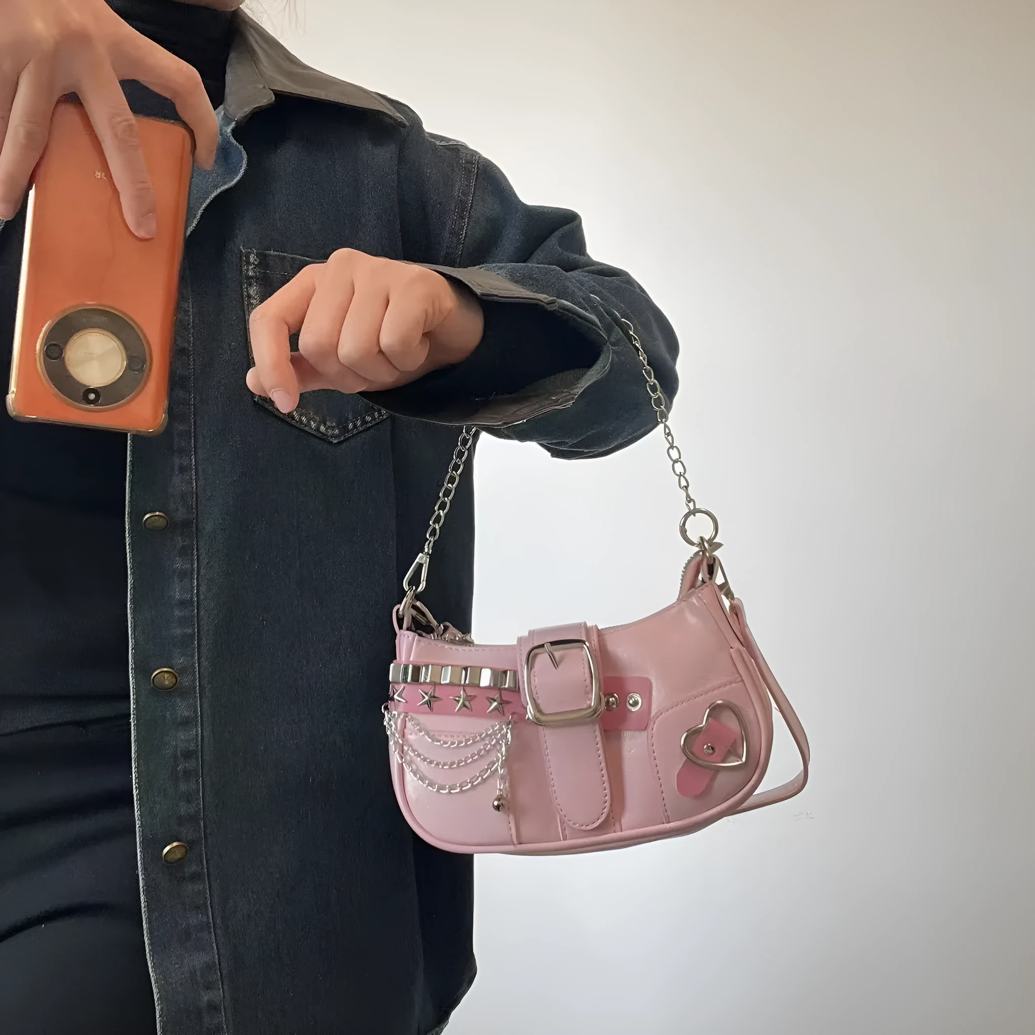 Women's soft PU underarm bag in pink with chain detail and three-dimensional outer pocket