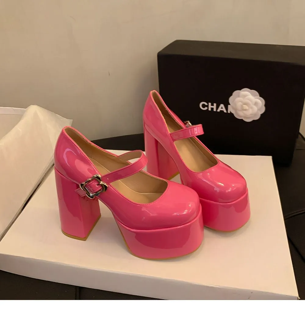 Pink waterproof platform thick heel Mary Jane shoes with PU upper and rubber sole, round head toe, sizes 33-39