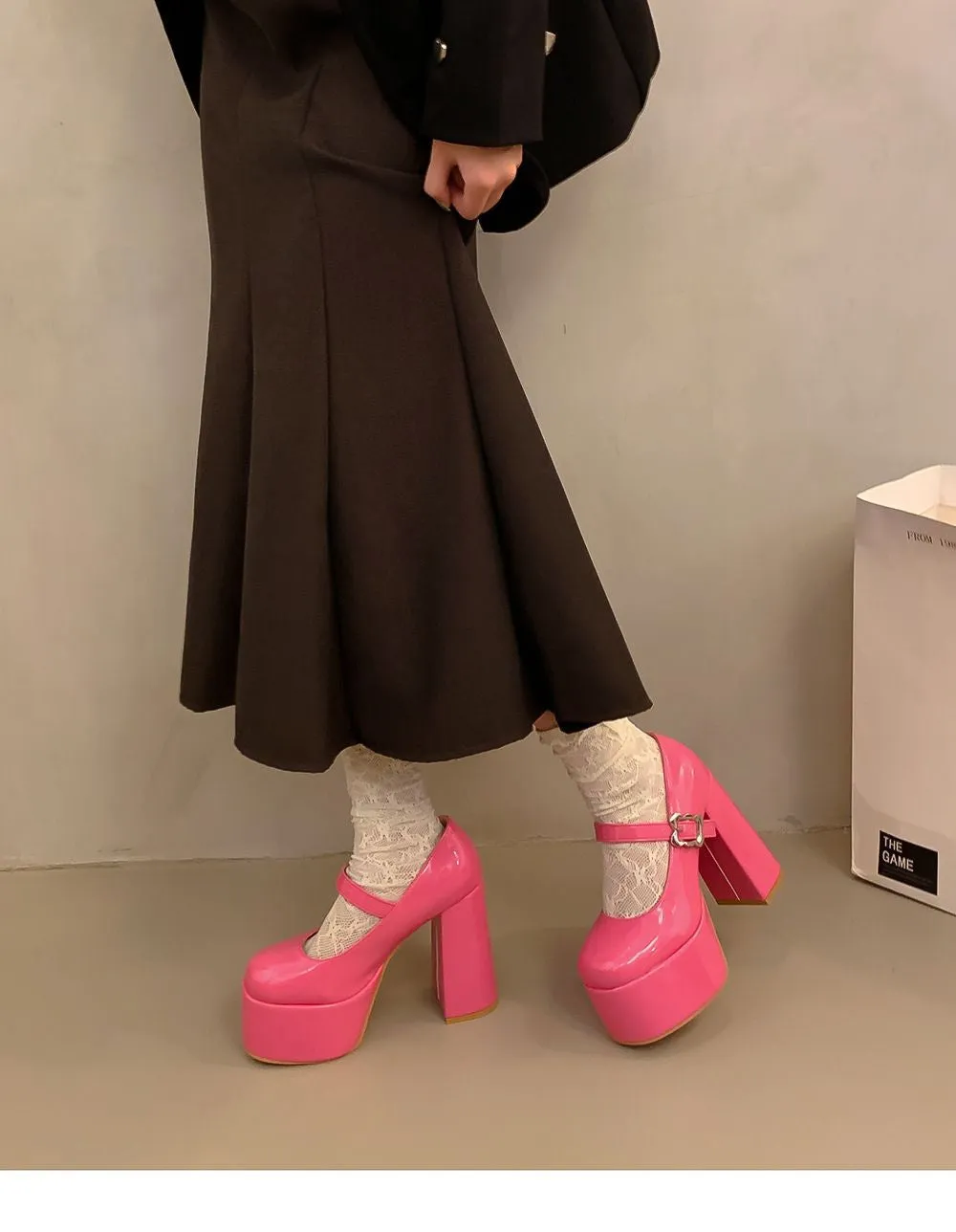 Pink waterproof platform thick heel Mary Jane shoes with PU upper and rubber sole, round head toe, sizes 33-39