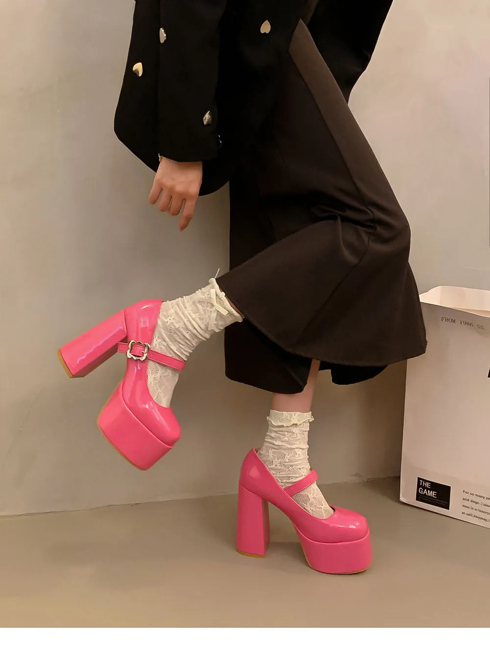 Pink waterproof platform thick heel Mary Jane shoes with PU upper and rubber sole, round head toe, sizes 33-39