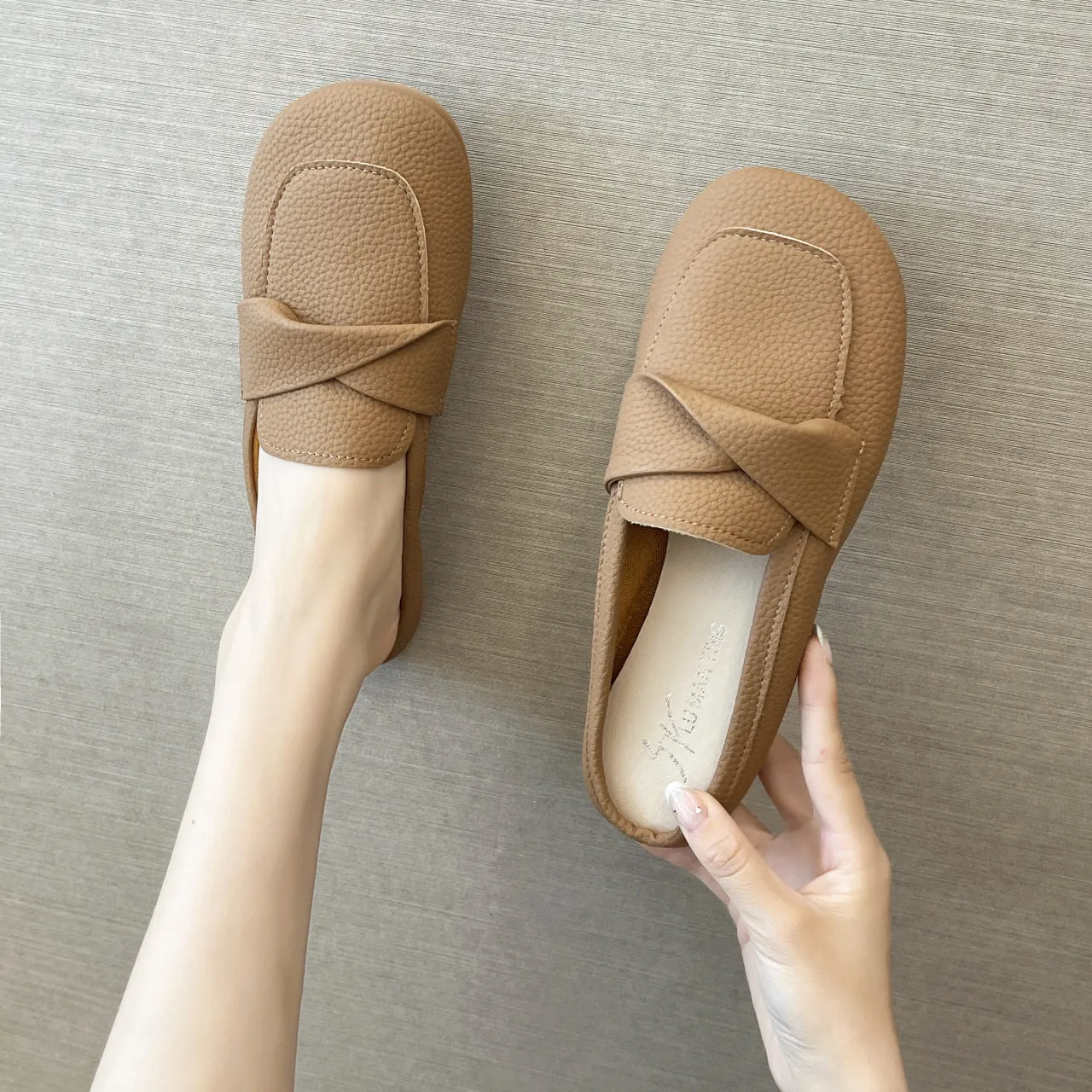 Closed toe loafers half slippers for women, soft bottom heel, square toe, PU upper, beige colour, side view