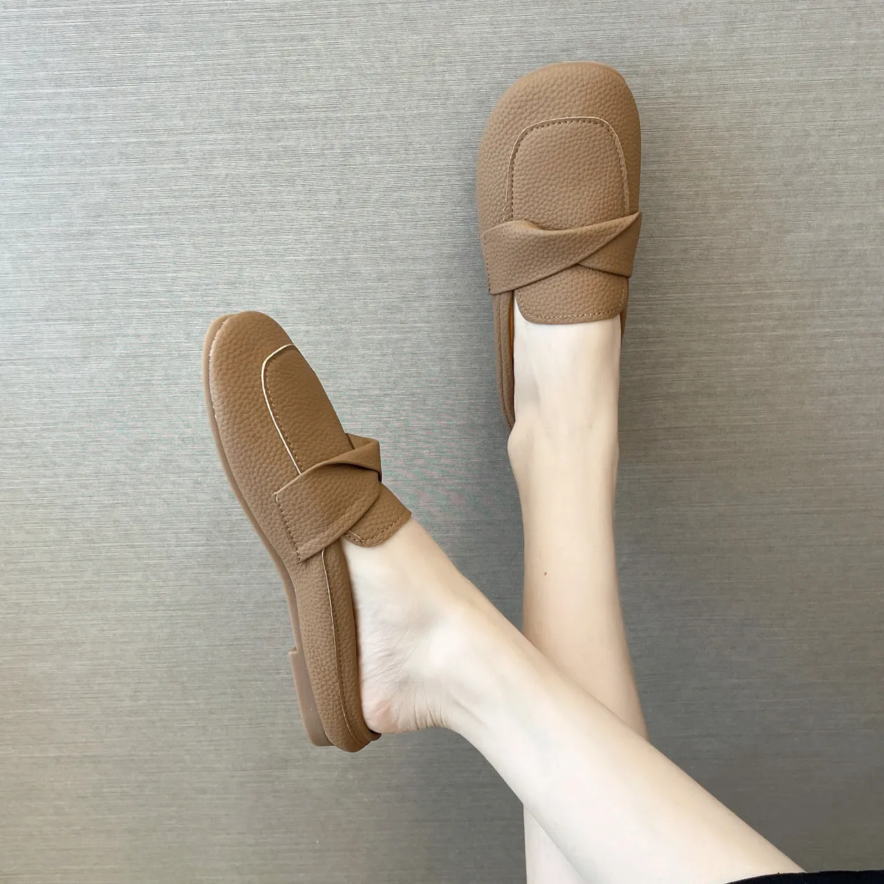 Closed toe loafers half slippers for women, soft bottom heel, square toe, PU upper, beige colour, side view