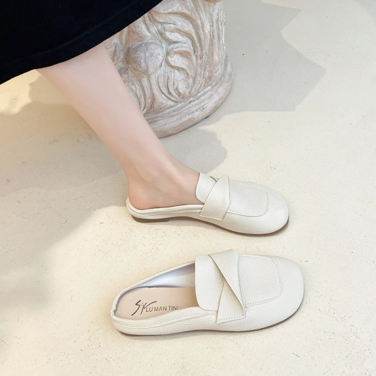 Closed toe loafers half slippers for women, soft bottom heel, square toe, PU upper, beige colour, side view