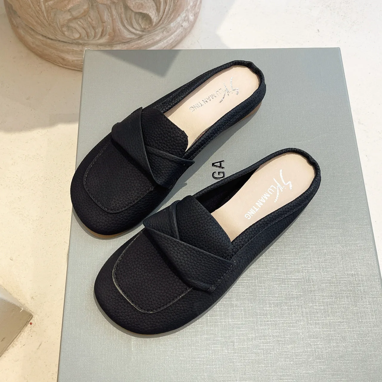 Closed toe loafers half slippers for women, soft bottom heel, square toe, PU upper, beige colour, side view