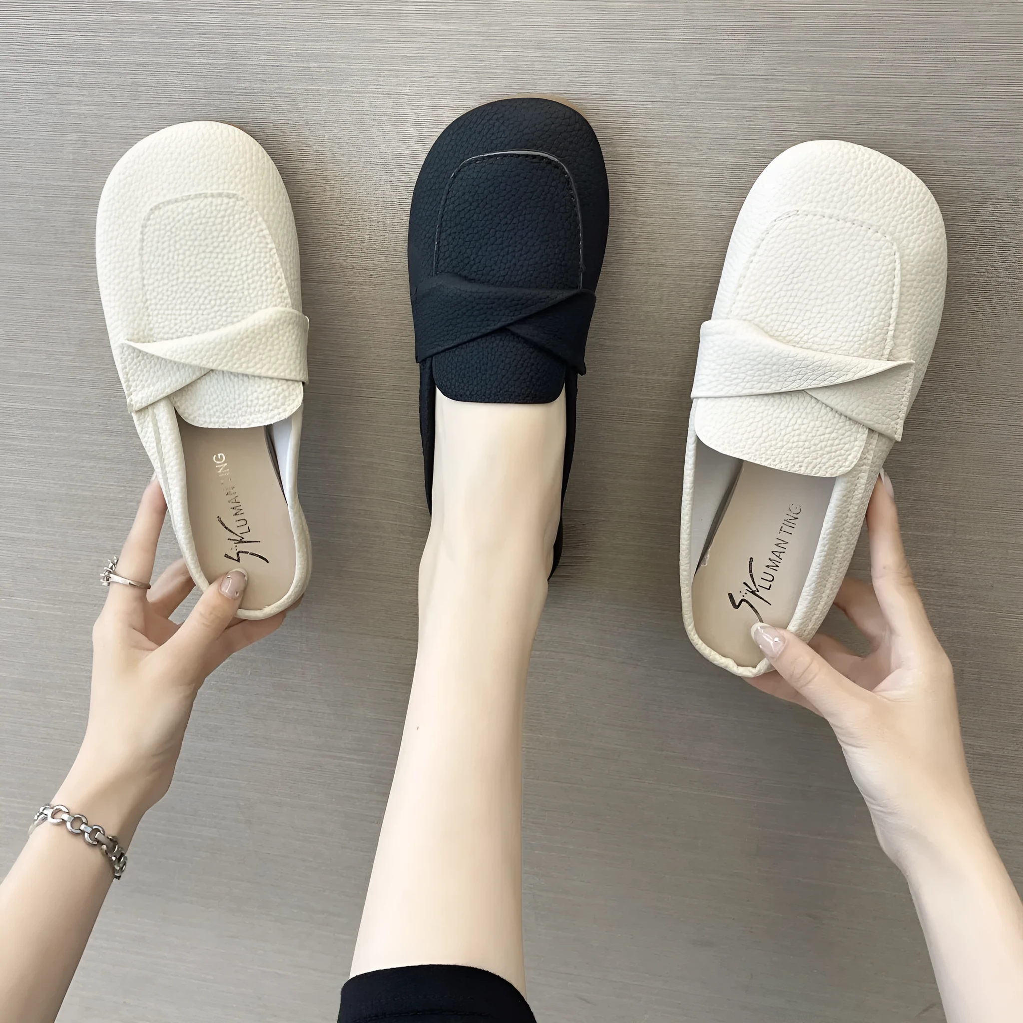 Closed toe loafers half slippers for women, soft bottom heel, square toe, PU upper, beige colour, side view