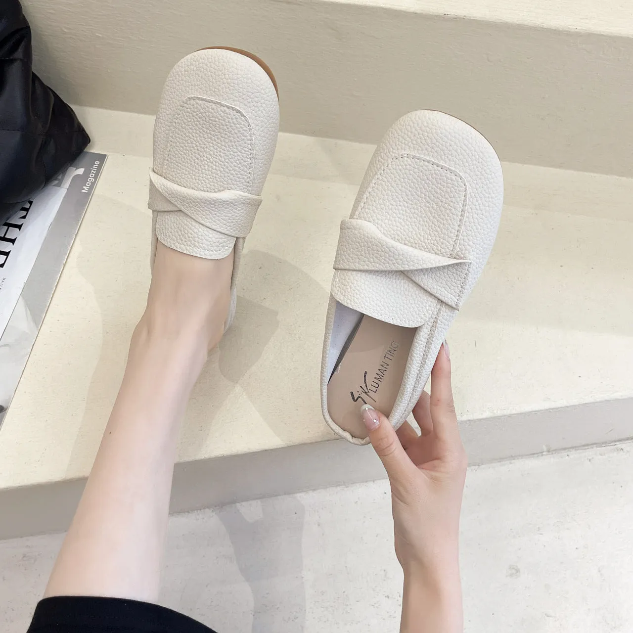 Closed toe loafers half slippers for women, soft bottom heel, square toe, PU upper, beige colour, side view