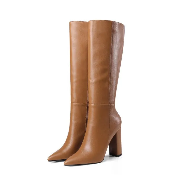 Women's pointed toe chunky heel high boots in solid colour microfiber upper side zipper