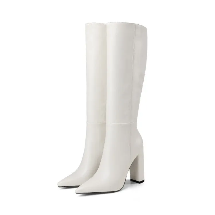 Women's pointed toe chunky heel high boots in solid colour microfiber upper side zipper