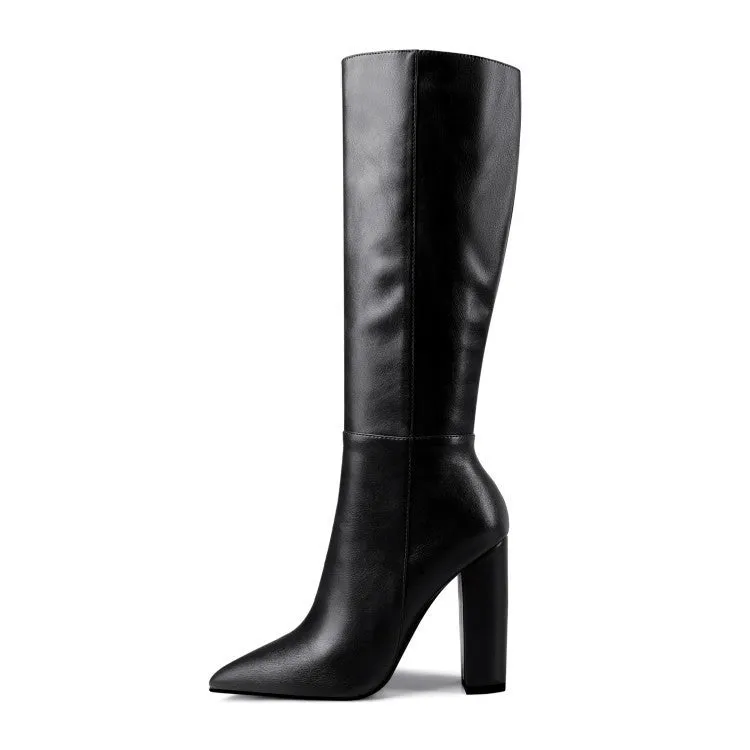 Women's pointed toe chunky heel high boots in solid colour microfiber upper side zipper