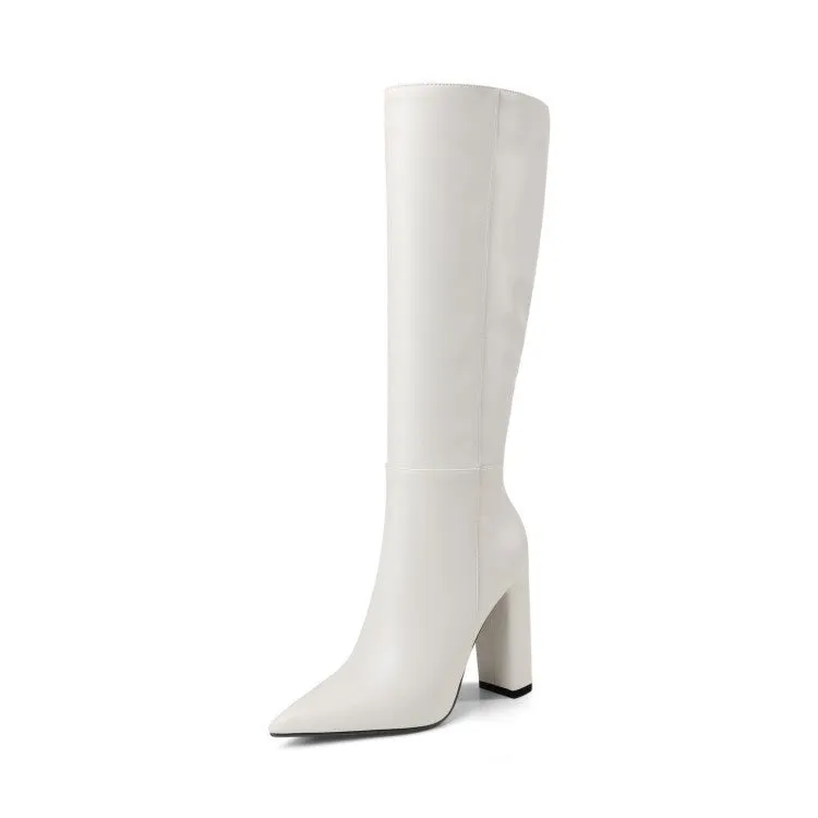 Women's pointed toe chunky heel high boots in solid colour microfiber upper side zipper