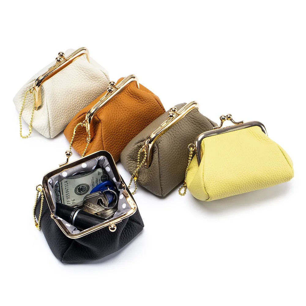 Genuine leather mini coin wallet in solid colour with visible sewing thread detail – urban simplicity design