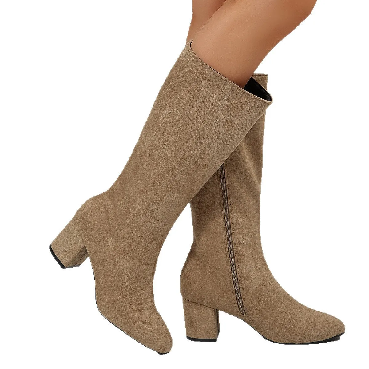 Wide pointed toe chunky heel below the knee suede boots in solid colour, back zipper, rubber sole