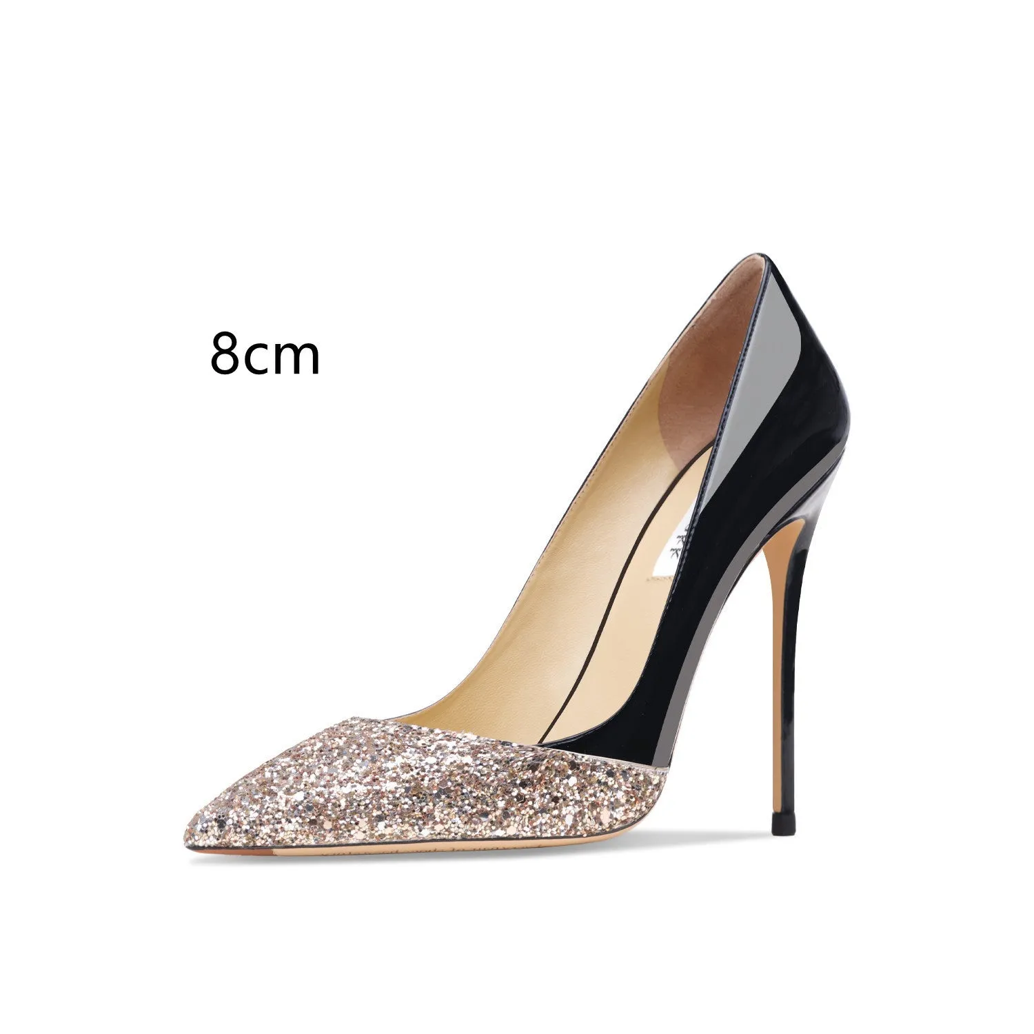 Women's patent leather pointed toe high heels with gold sequin stitching, available in nude or black with thin heel