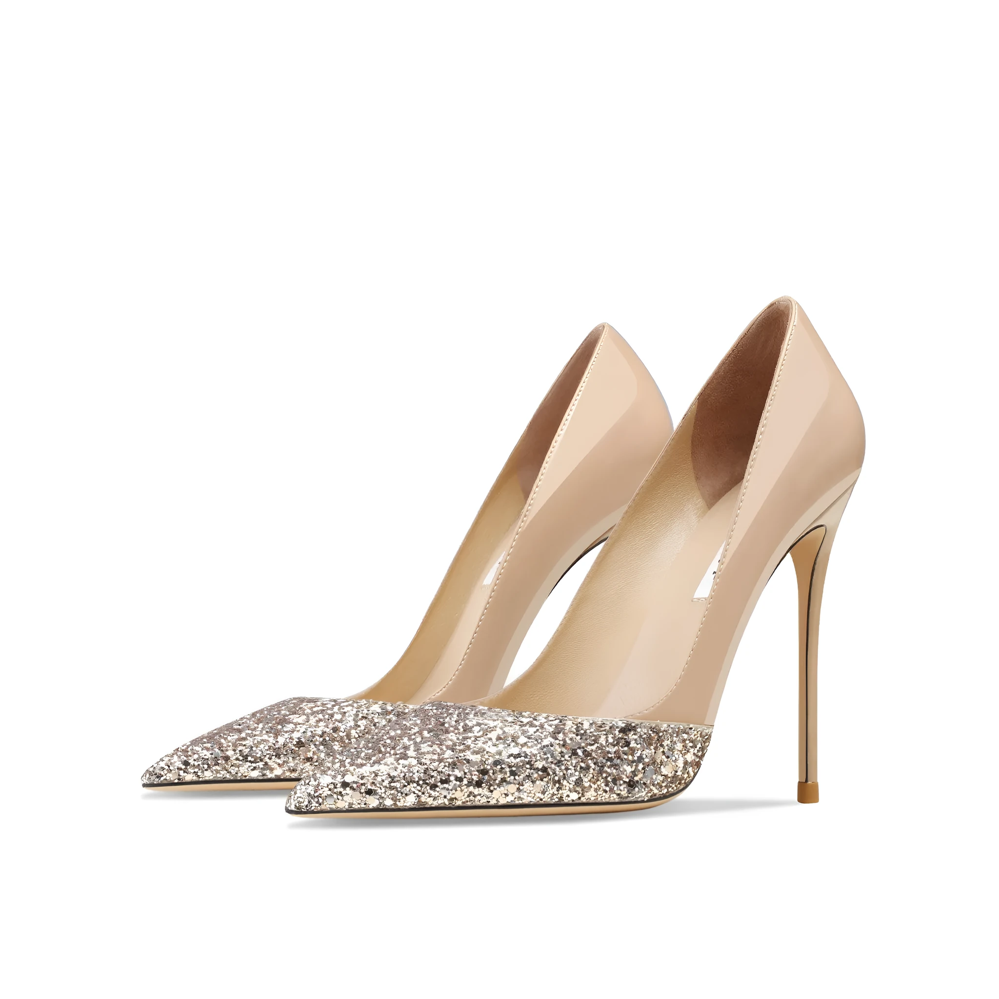 Women's patent leather pointed toe high heels with gold sequin stitching, available in nude or black with thin heel