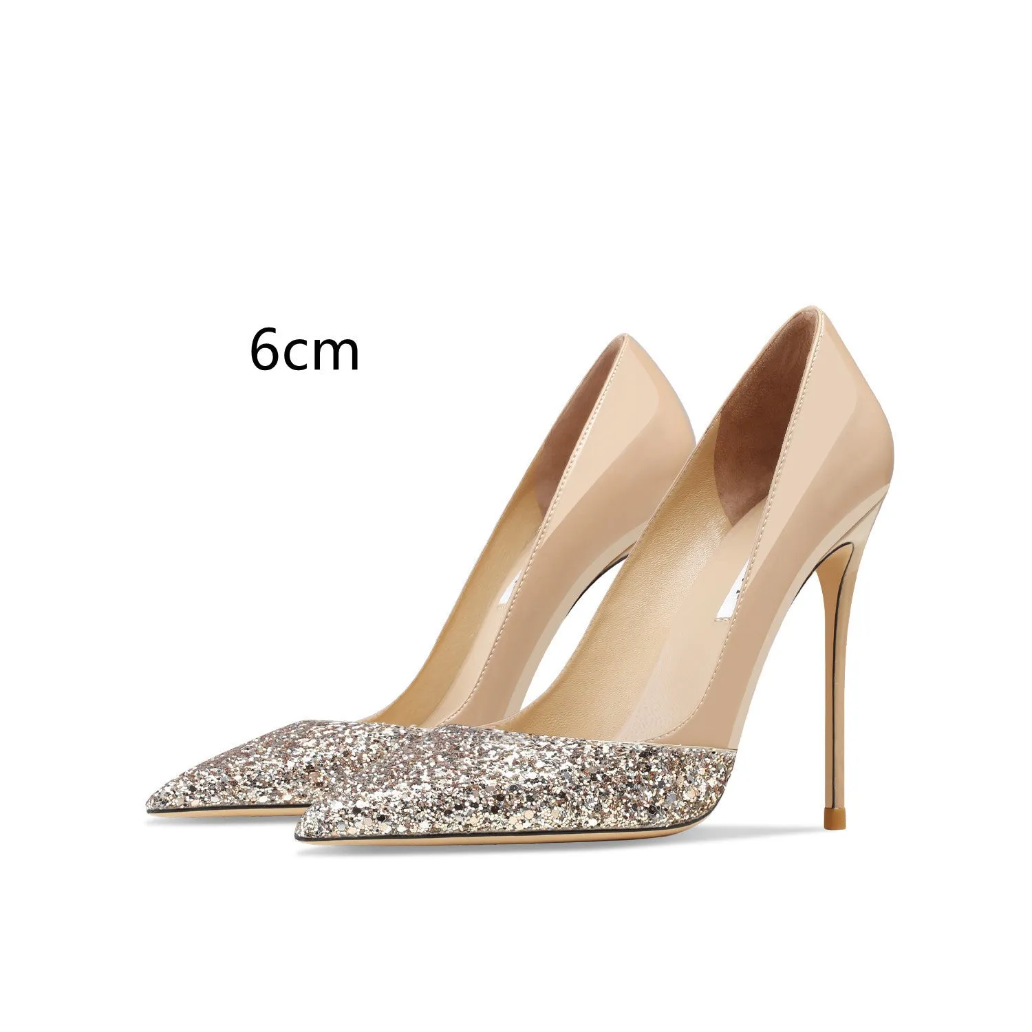Women's patent leather pointed toe high heels with gold sequin stitching, available in nude or black with thin heel