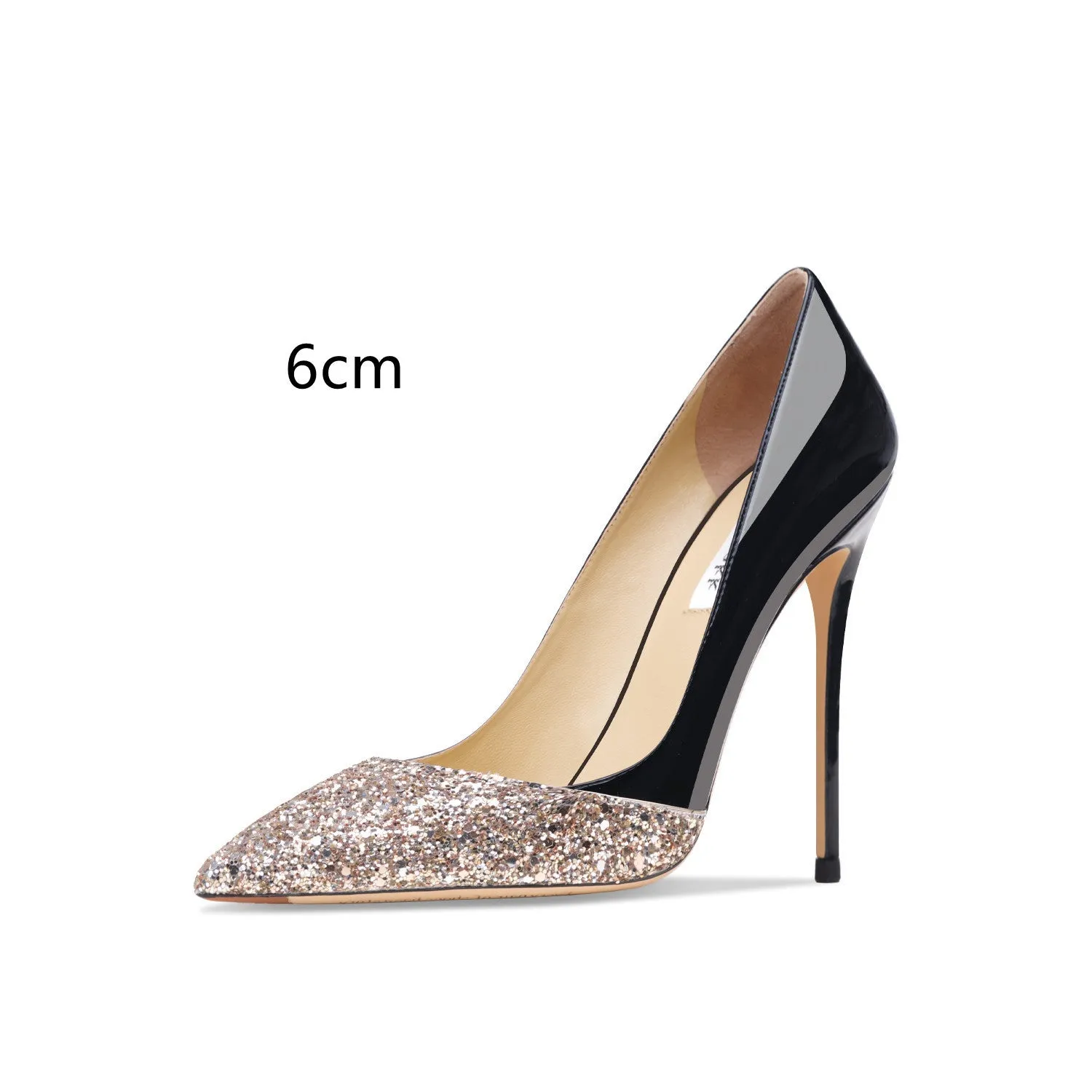 Women's patent leather pointed toe high heels with gold sequin stitching, available in nude or black with thin heel