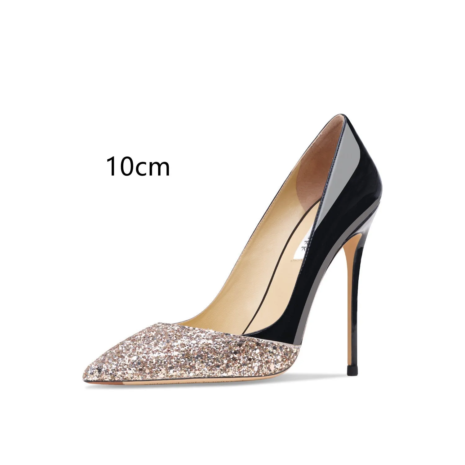 Women's patent leather pointed toe high heels with gold sequin stitching, available in nude or black with thin heel