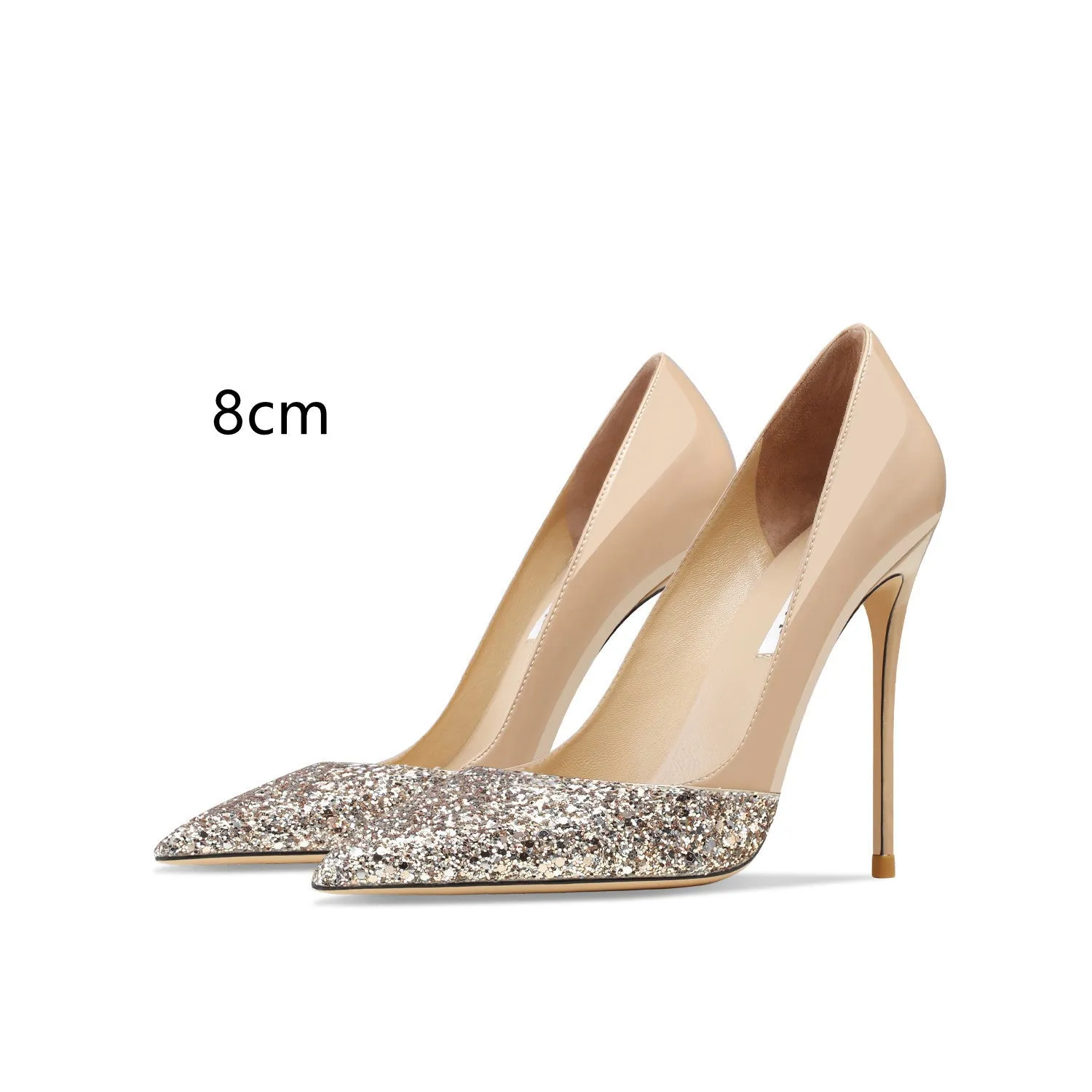 Women's patent leather pointed toe high heels with gold sequin stitching, available in nude or black with thin heel
