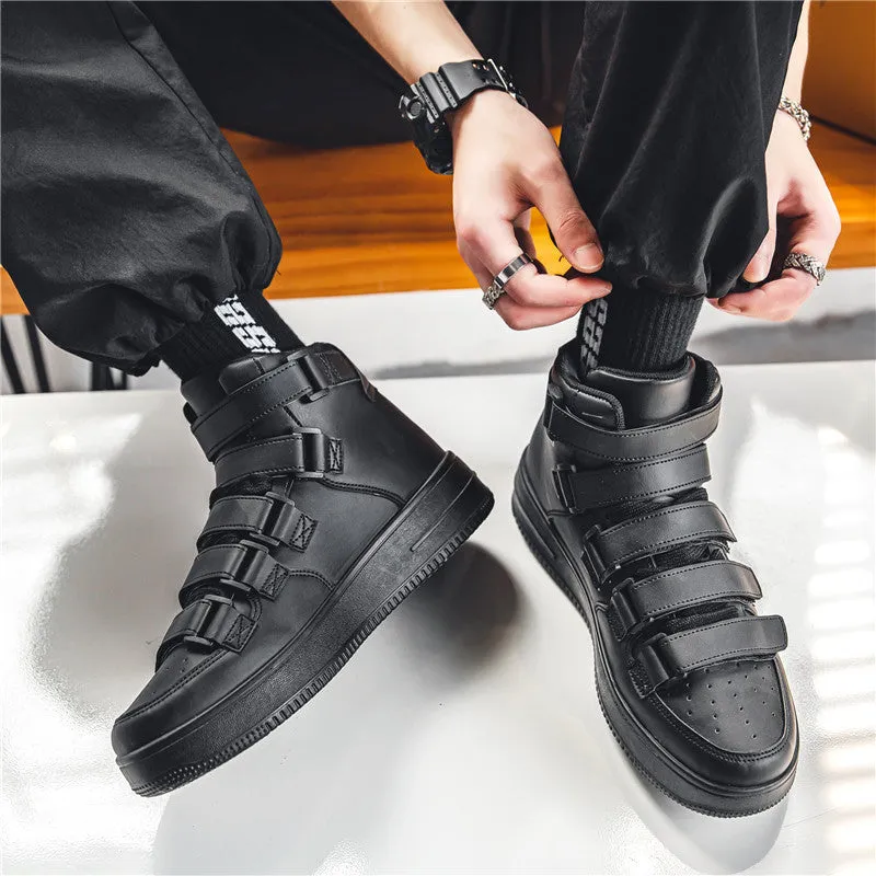 Men's high-top board shoes in black with white sole, lace-up front, artificial PU upper, and round toe on a white background
