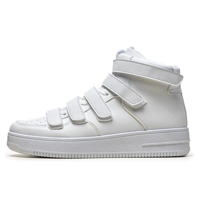 Men's high-top board shoes in black with white sole, lace-up front, artificial PU upper, and round toe on a white background