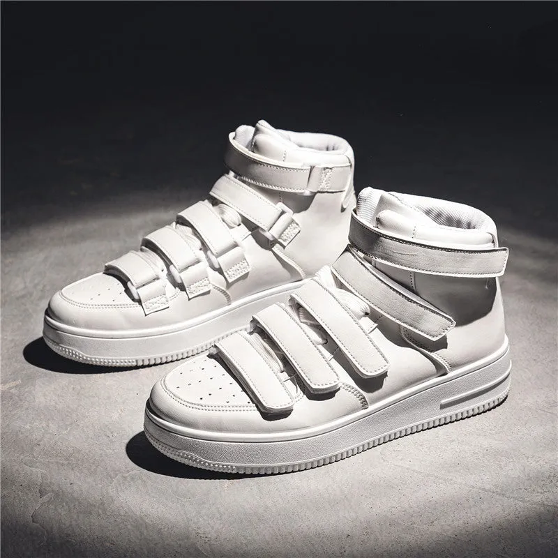 Men's high-top board shoes in black with white sole, lace-up front, artificial PU upper, and round toe on a white background