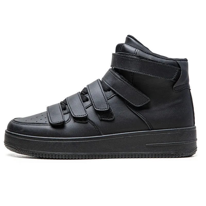 Men's high-top board shoes in black with white sole, lace-up front, artificial PU upper, and round toe on a white background