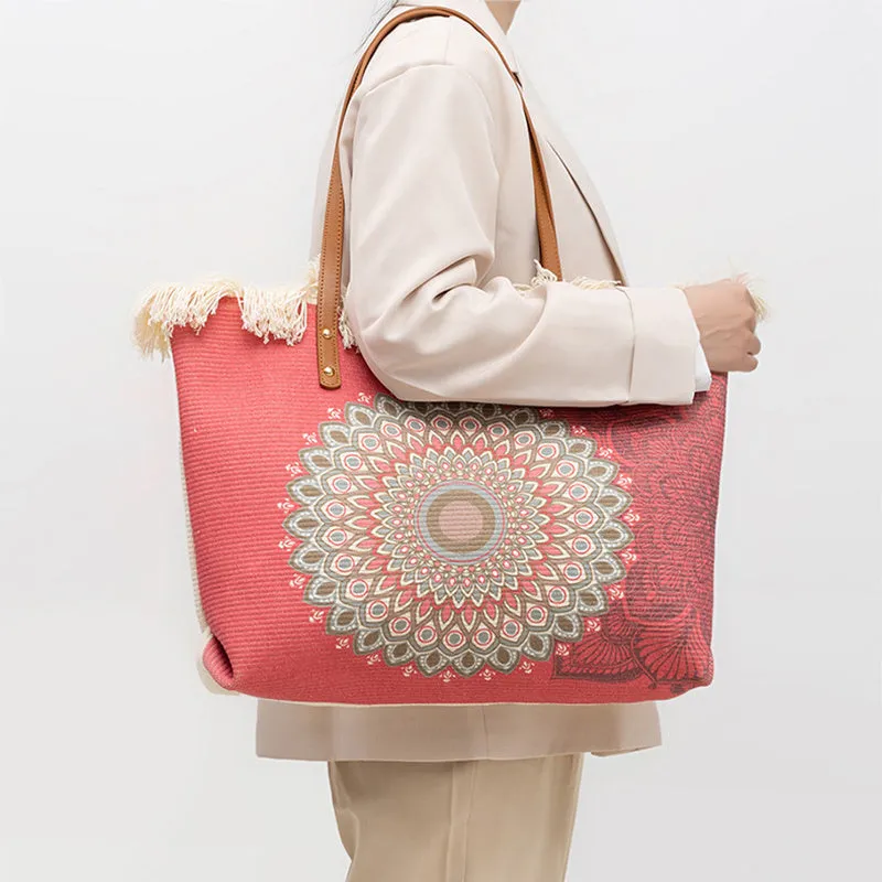 Bohemian ethnic print canvas shoulder bag with large capacity 50cm by 30cm in polyester cotton