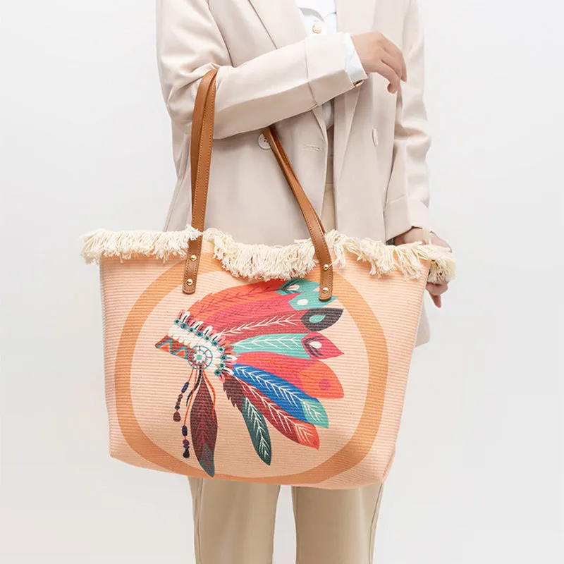 Bohemian ethnic print canvas shoulder bag with large capacity 50cm by 30cm in polyester cotton
