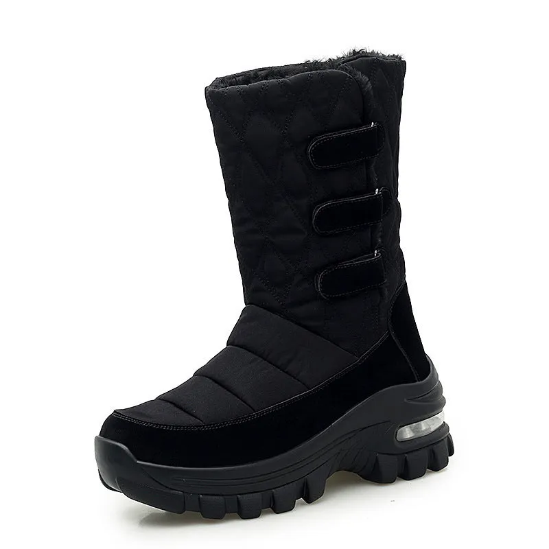 Women's outdoor plus velvet high top snow boots in black with PU air cushion sole and 5cm heel