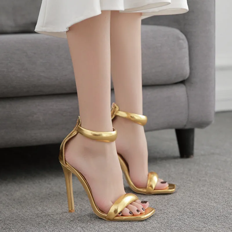Plus size open toe stiletto sandals with back zipper and buckle, 11.5cm heel, PU upper, black colour