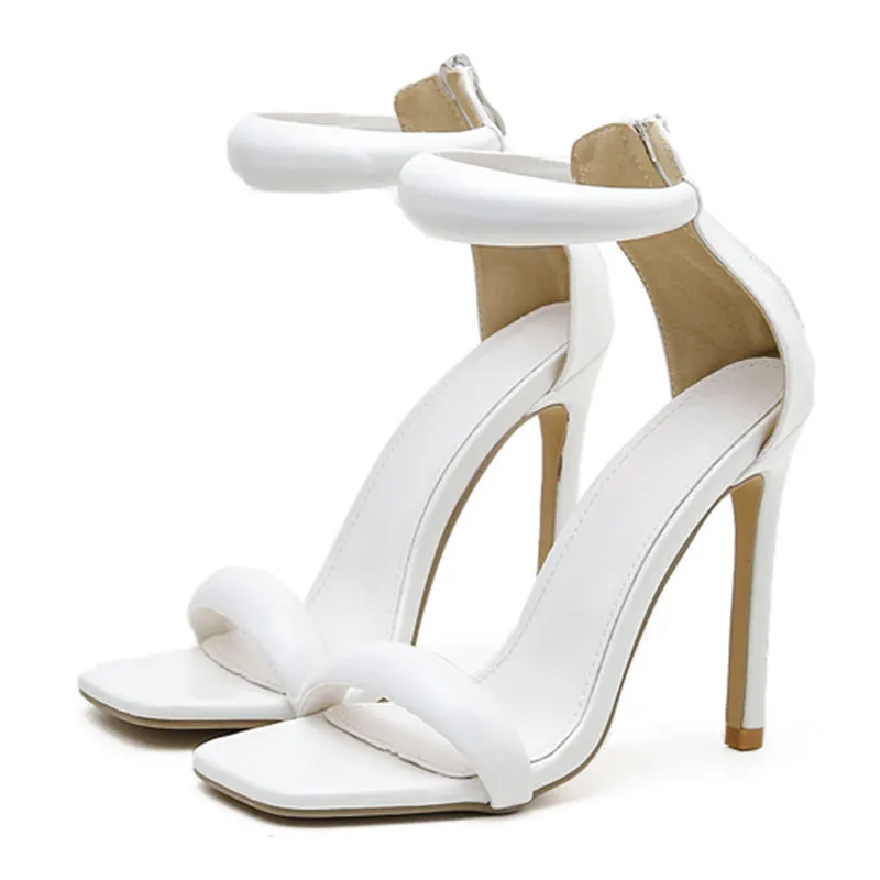 Plus size open toe stiletto sandals with back zipper and buckle, 11.5cm heel, PU upper, black colour