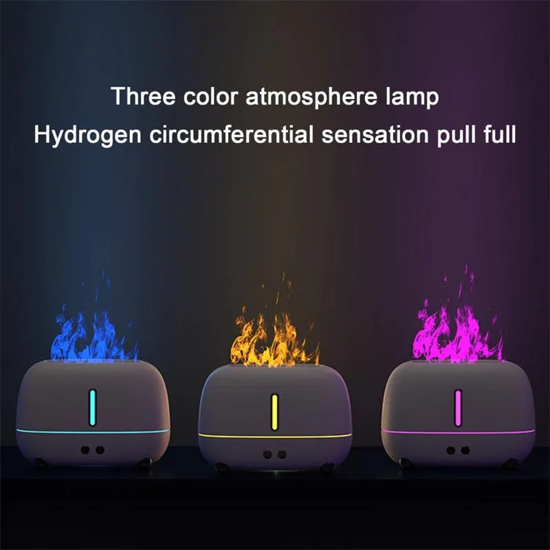 Dark grey flame humidifier with realistic orange LED light and mist output on a wooden table
