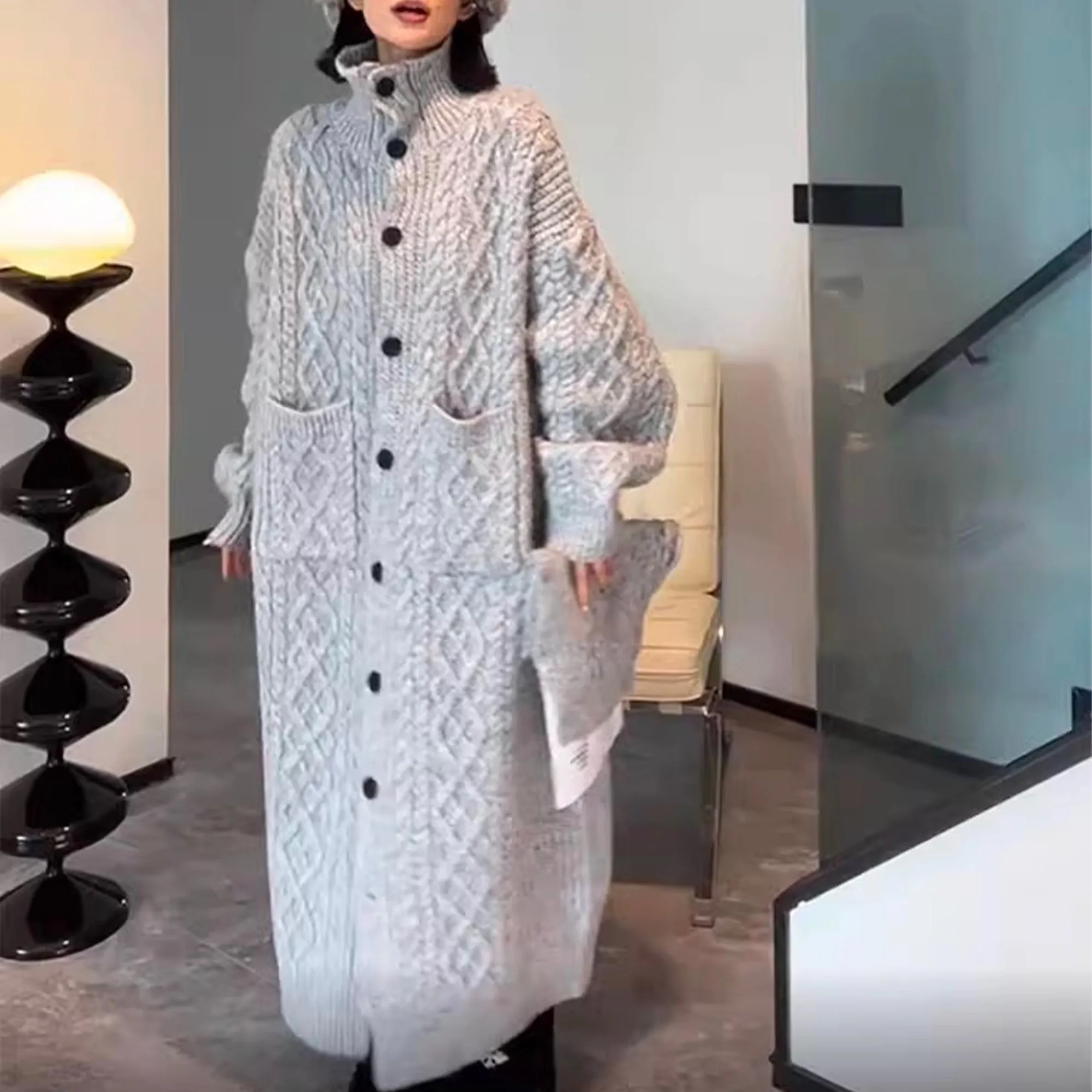 Women's high collar thickened twist sweater coat in gray alpaca blend, over-knee length cardigan with loose fit
