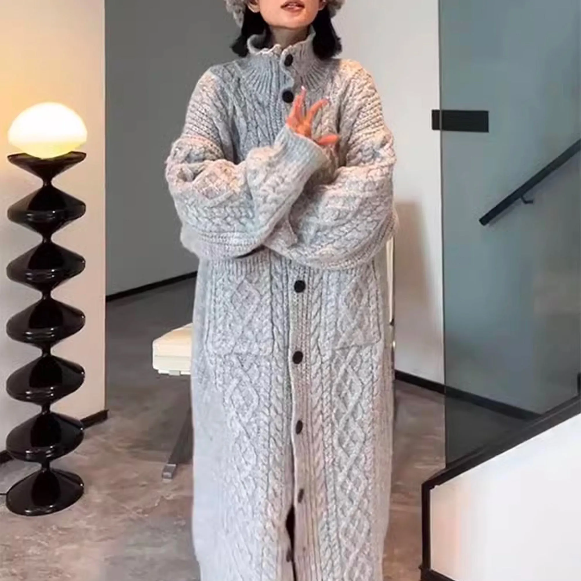 Women's high collar thickened twist sweater coat in gray alpaca blend, over-knee length cardigan with loose fit