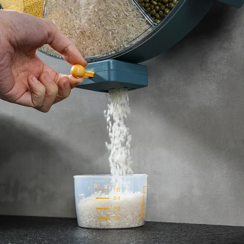 Wall-mounted rotating grain dispenser with six compartments for dry food storage in blue-yellow colour
