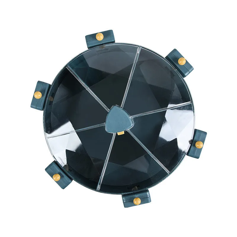 Wall-mounted rotating grain dispenser with six compartments for dry food storage in blue-yellow colour