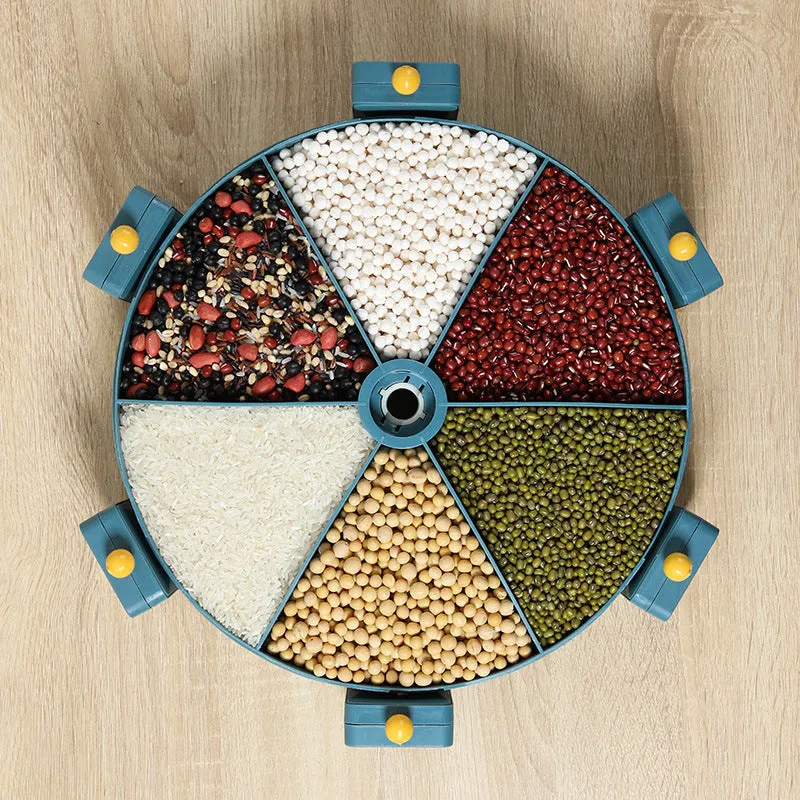 Wall-mounted rotating grain dispenser with six compartments for dry food storage in blue-yellow colour