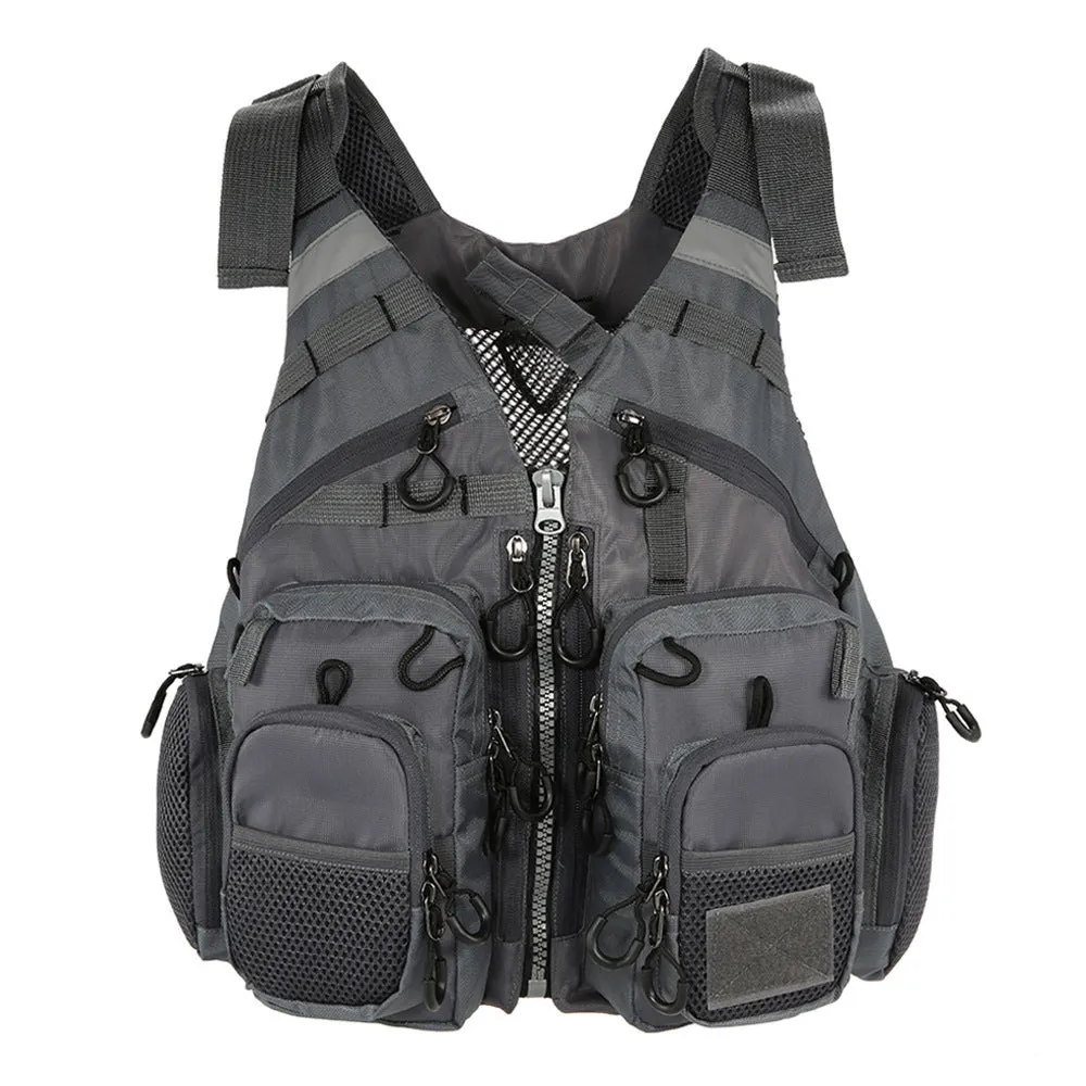 Grey fishing life jacket with chest pockets, reflective strips, and adjustable buckle straps
