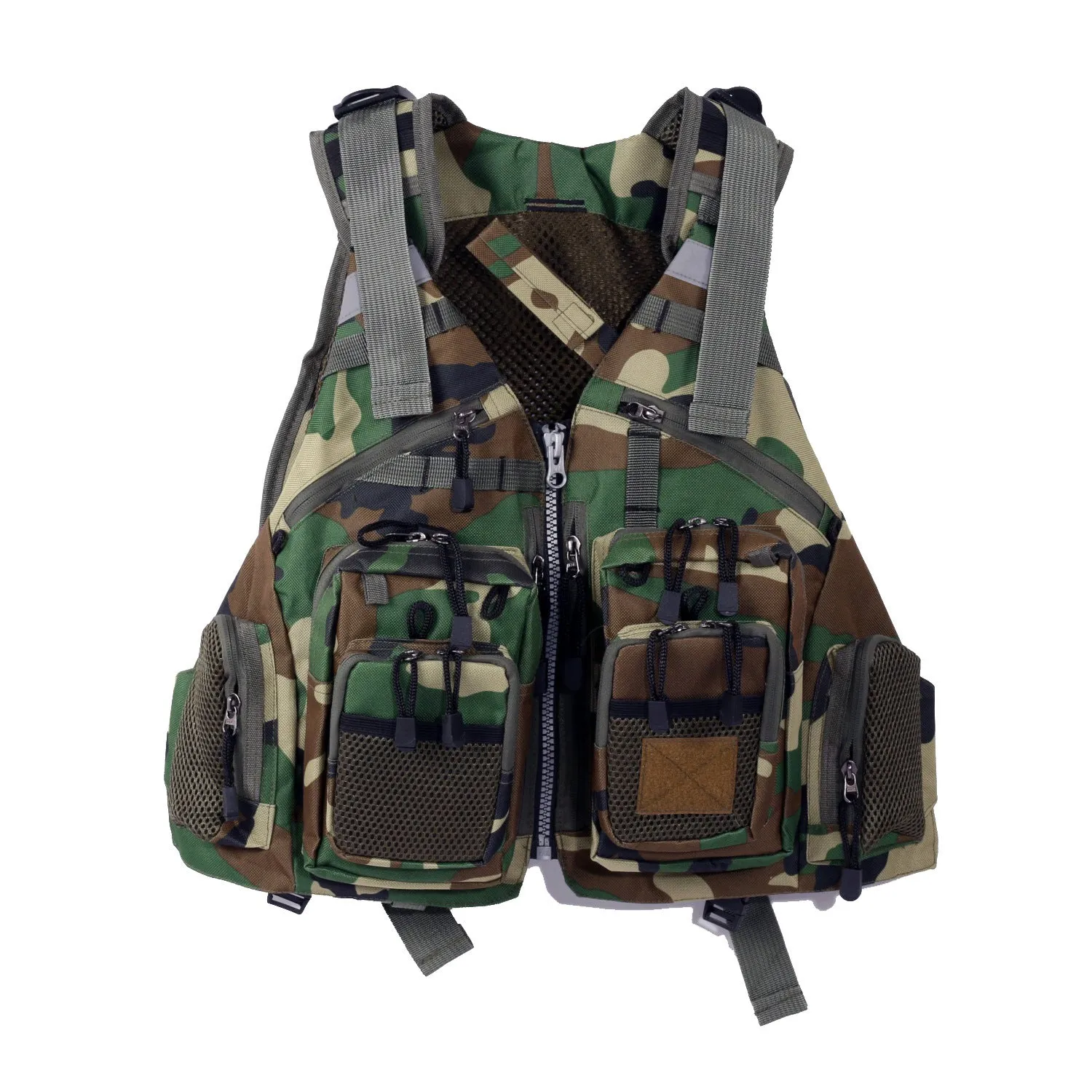 Grey fishing life jacket with chest pockets, reflective strips, and adjustable buckle straps