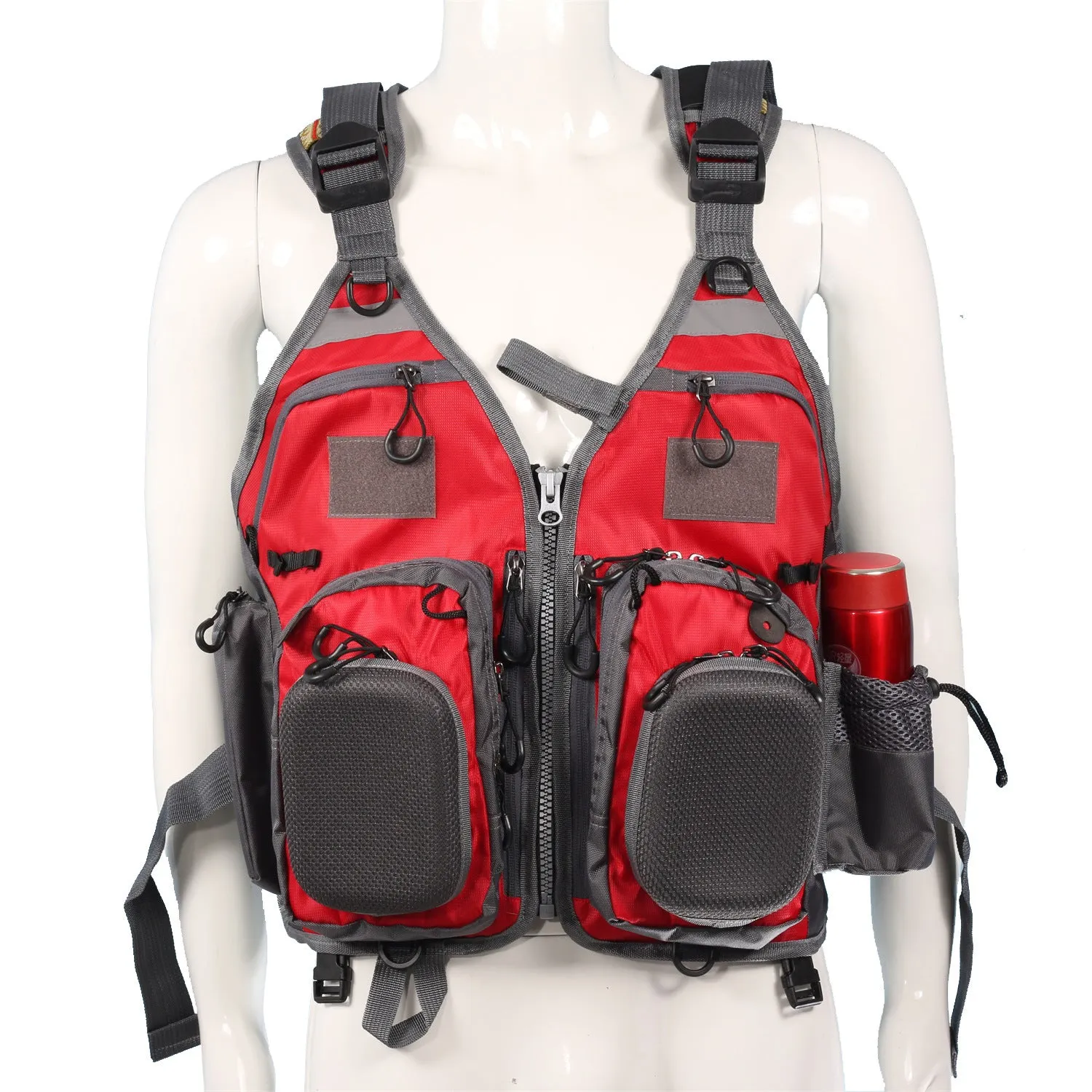 Grey fishing life jacket with chest pockets, reflective strips, and adjustable buckle straps