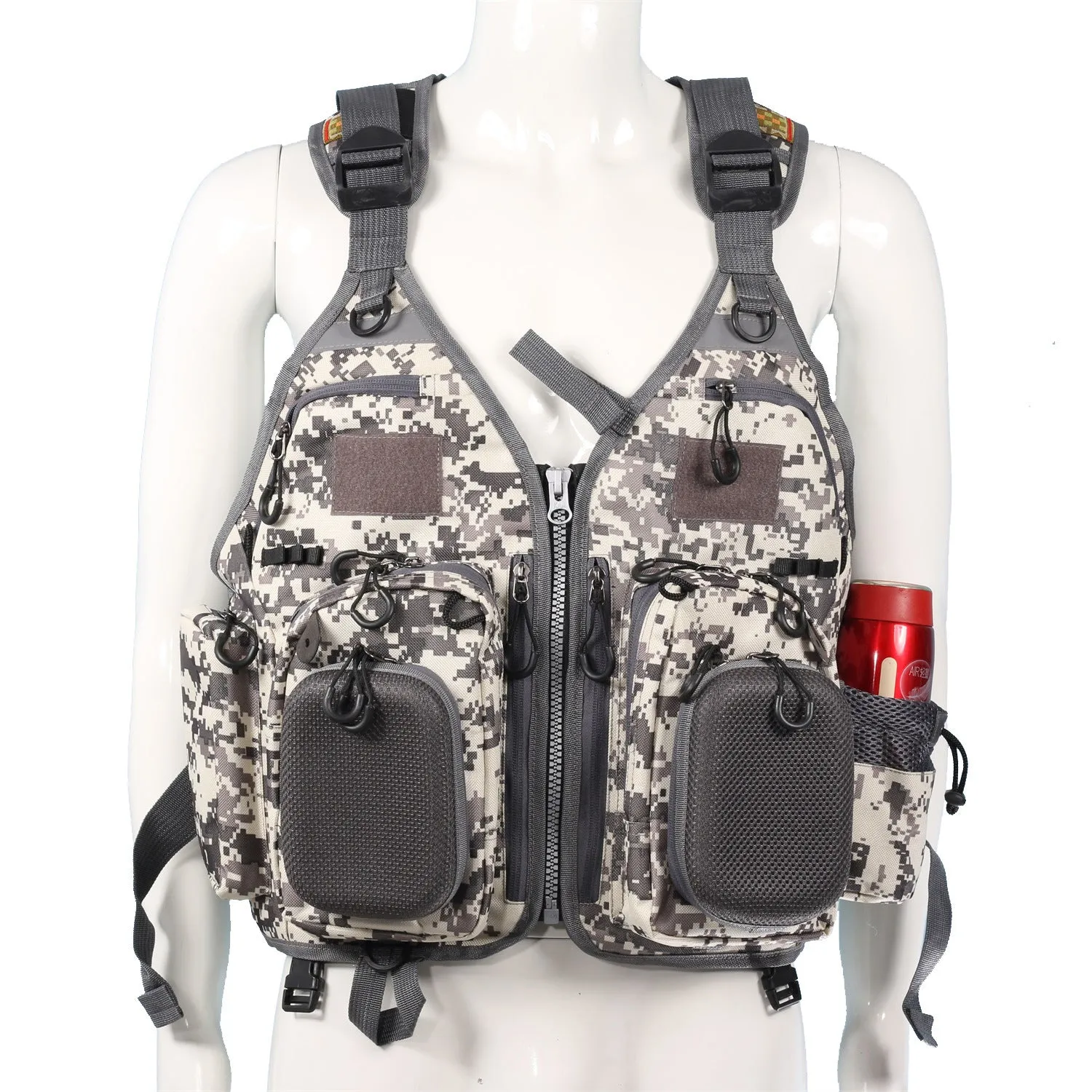 Grey fishing life jacket with chest pockets, reflective strips, and adjustable buckle straps