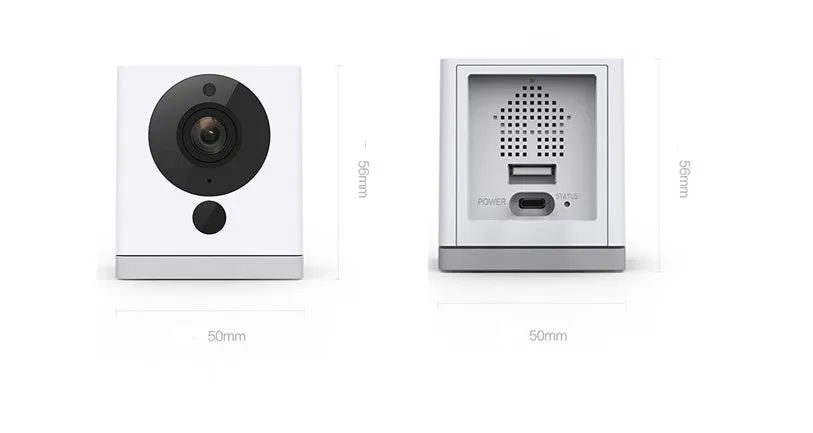 White compact indoor night vision security camera with 1080P resolution and 110° wide-angle lens on a shelf