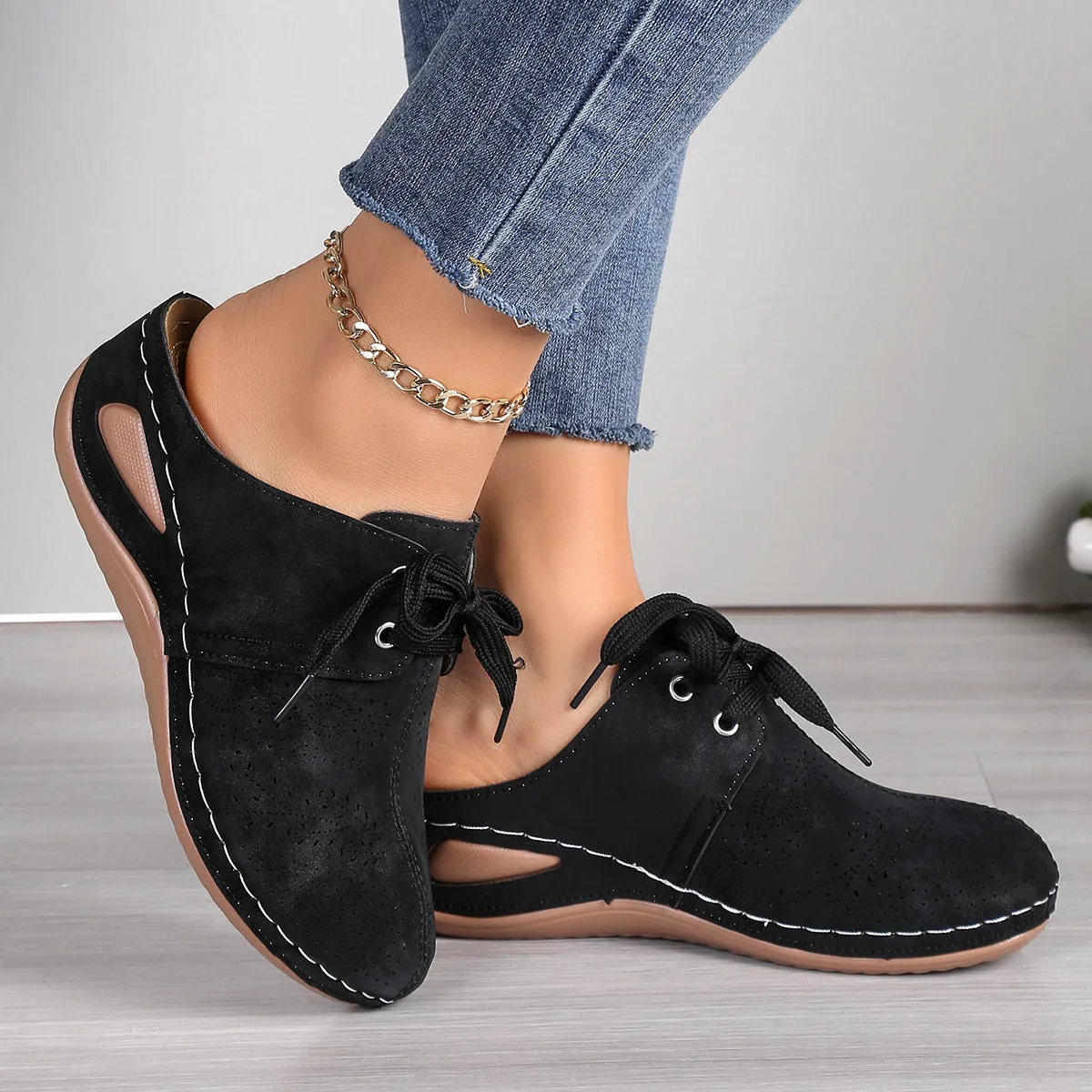 Women's lace-up baotou slippers with hollow out wedges in suede and rubber