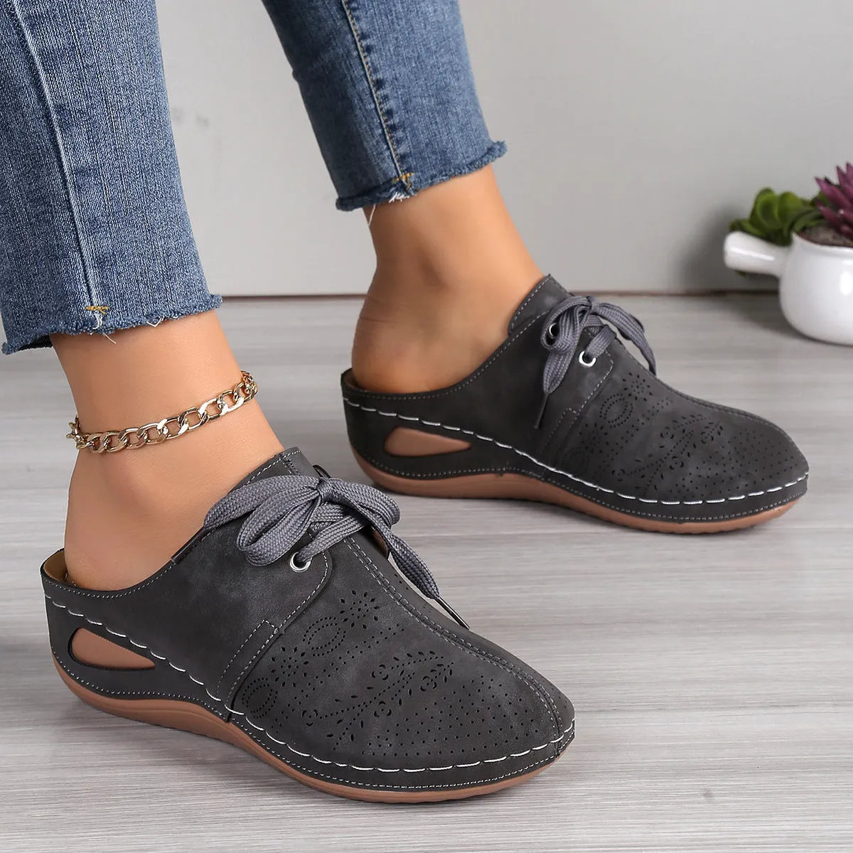 Women's lace-up baotou slippers with hollow out wedges in suede and rubber